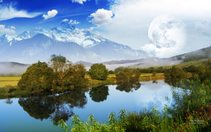 Mountain lake reflection scene