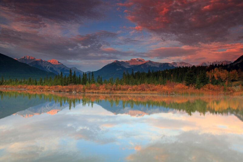 Mountain Lake Reflection — Serene, Orange