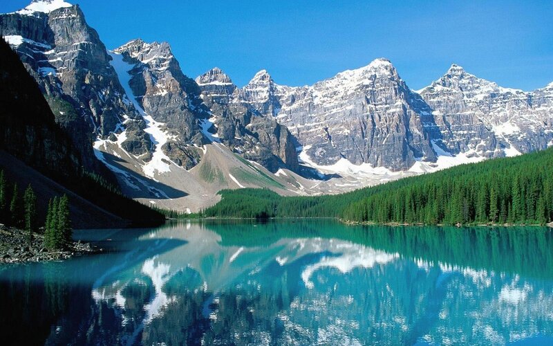 Mountain Lake Reflection — Snow-capped Mountains, White