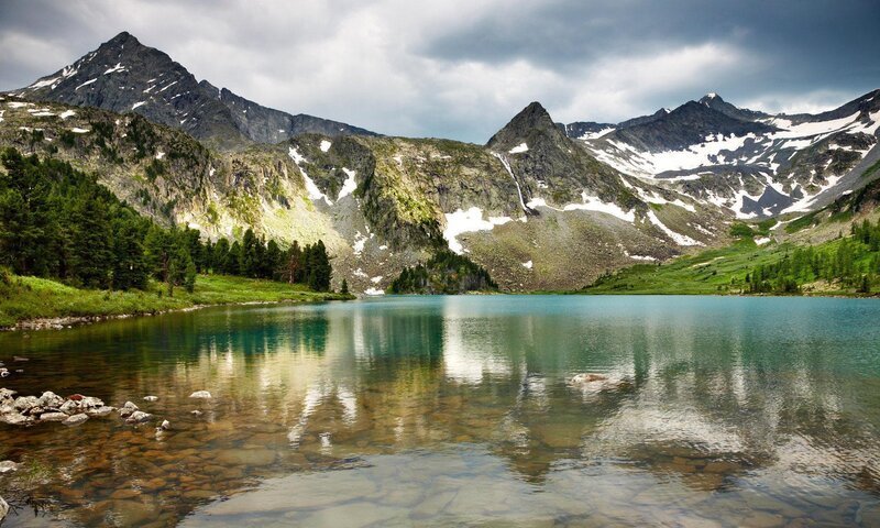 Mountain Lake Reflection — Snow, Gray