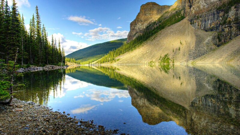 Mountain Lake Reflection — Trees, Mountains