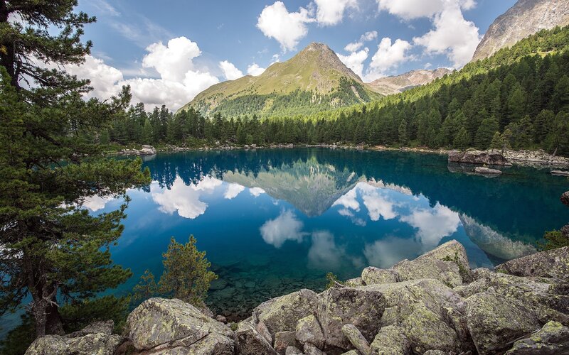 Mountain Lake Reflection — Trees, Rocks
