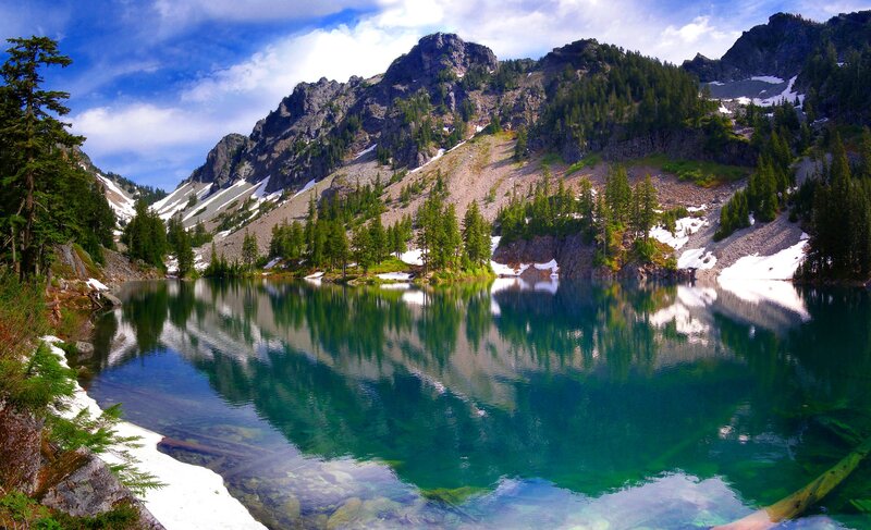 Mountain Lake Reflection — Trees, Snow