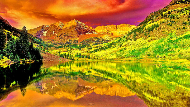 Mountain Lake Reflection — Yellow, Dramatic, Sunset