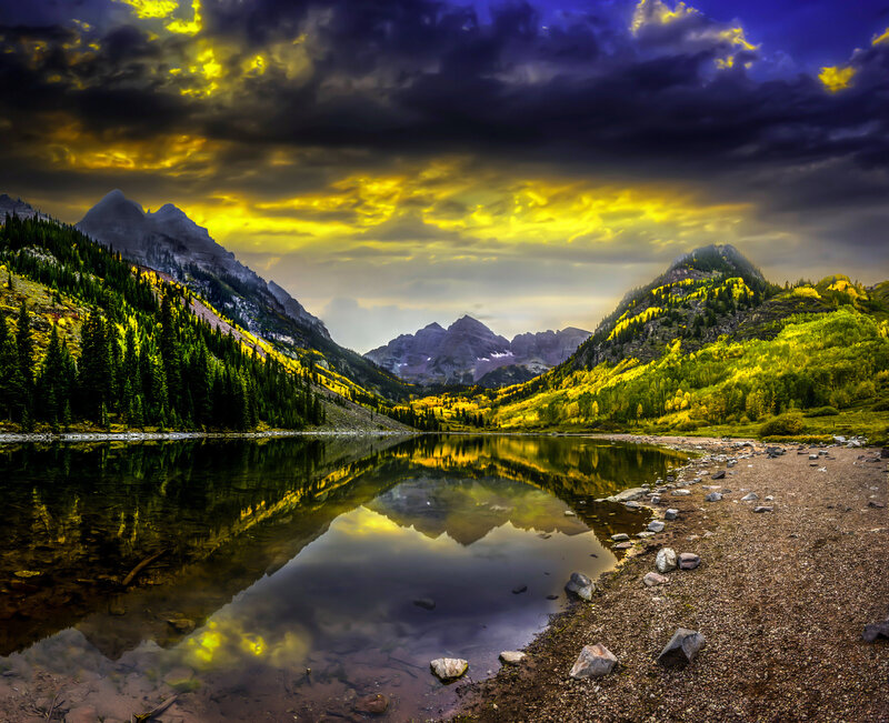 Mountain Lake Reflection — Yellow, Dramatic