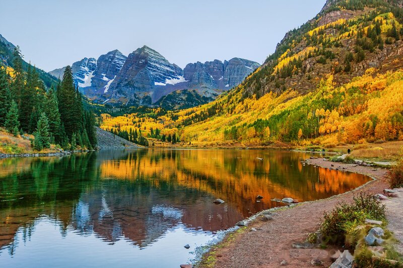 Mountain Lake Reflection — Yellow, Serene, Autumn, Photograph
