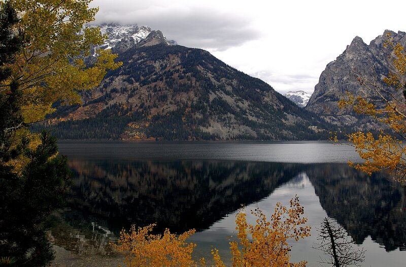Mountain Lake Reflection — Yellow, Serene, Autumn, Photograph, Trees, Mountains