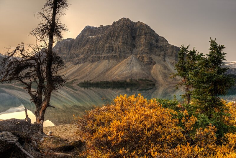 Mountain Lake Reflection — Yellow, Serene, Sunset, Photograph