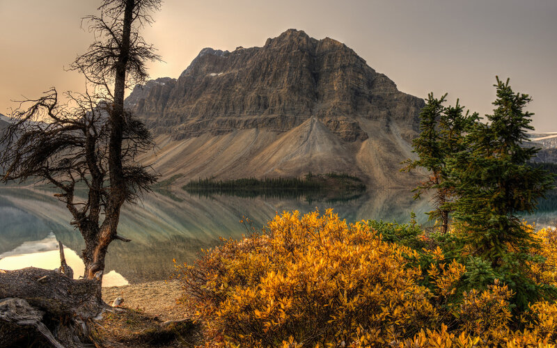 Mountain Lake Reflection — Yellow, Serene, Sunset