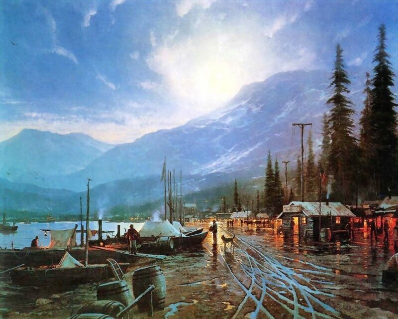 Mountain lake settlement at dusk