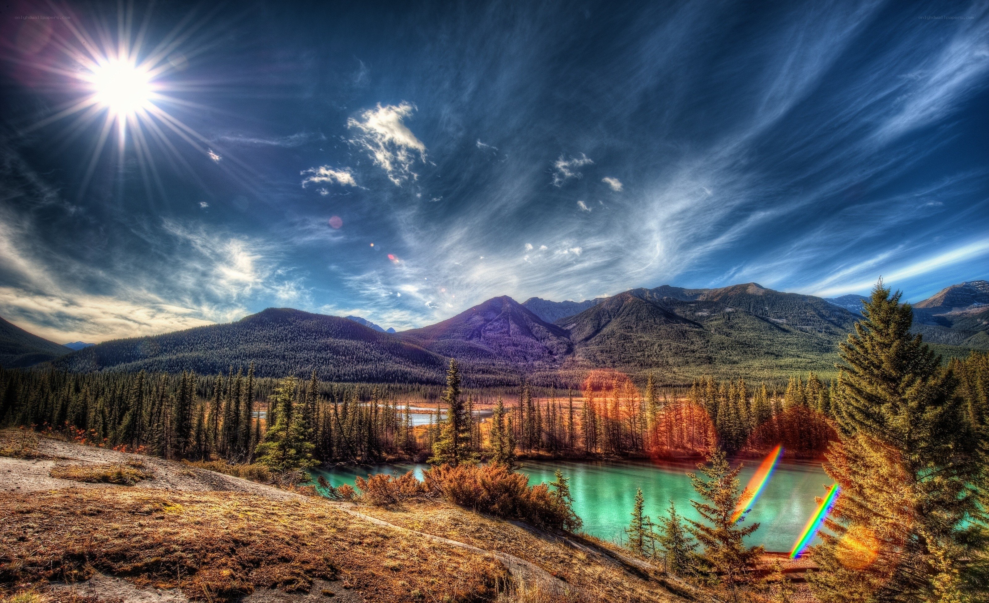 Mountain lake under bright sun