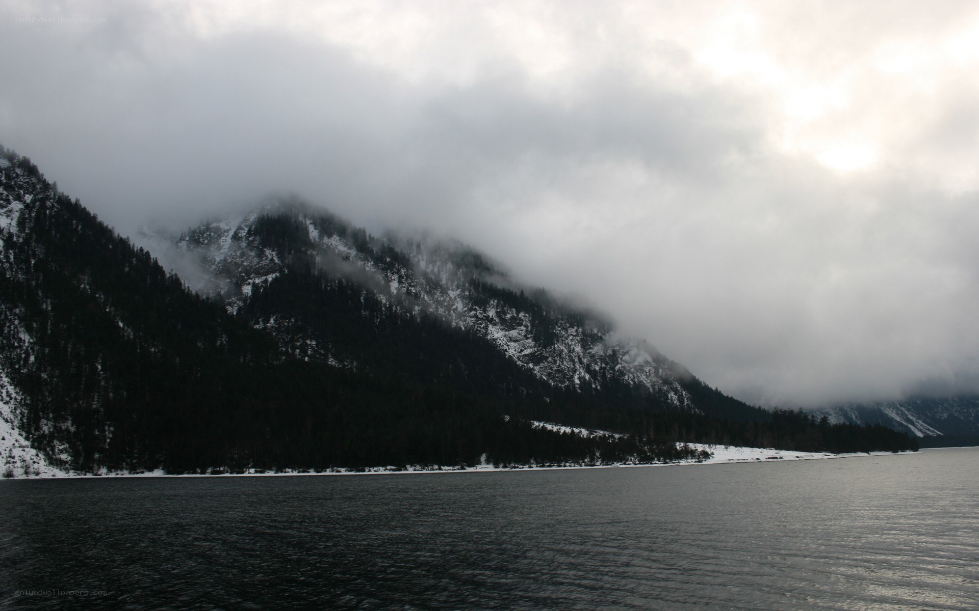 mountain lake under cloudy sky