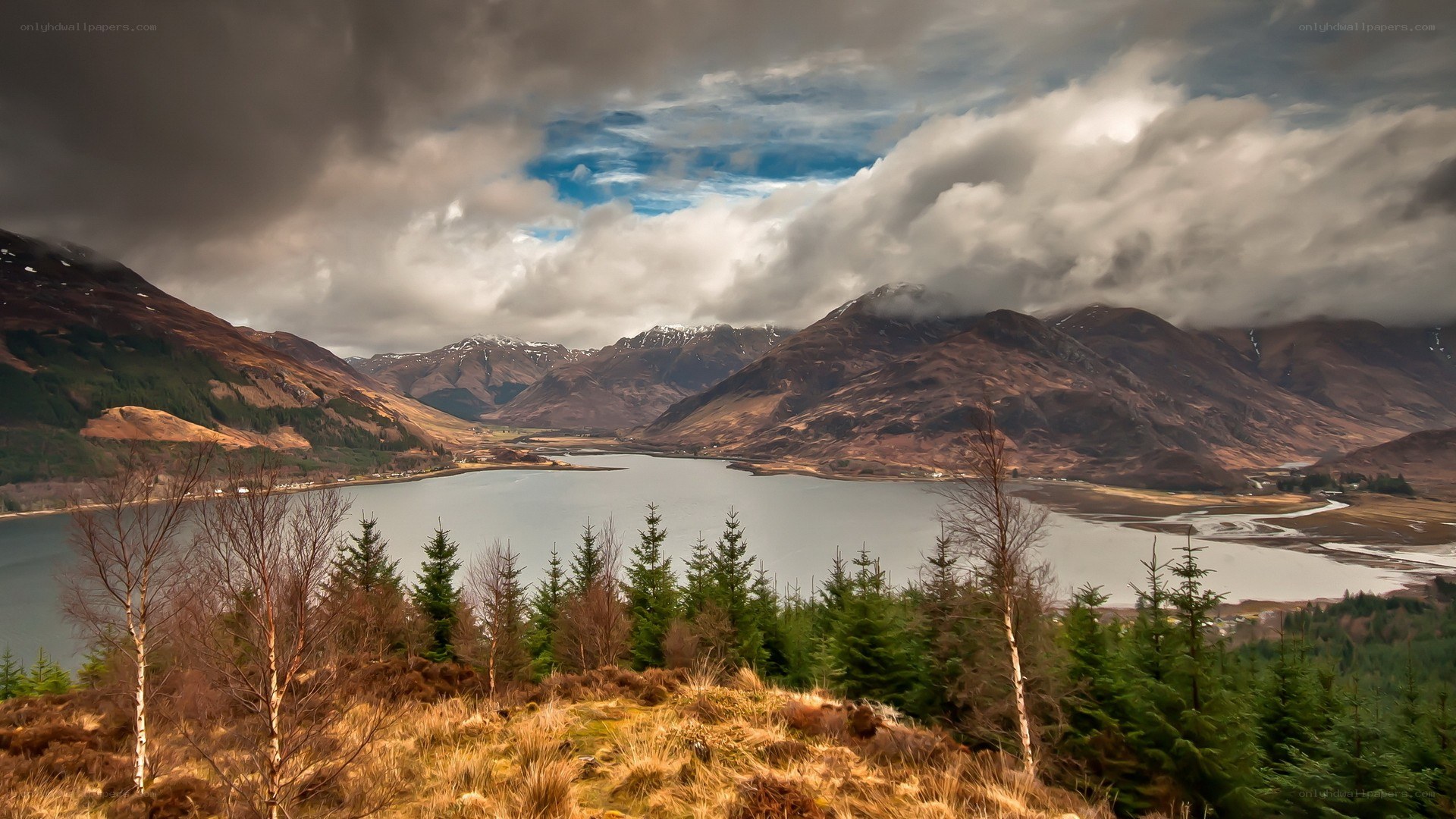 Mountain lake under cloudy sky
