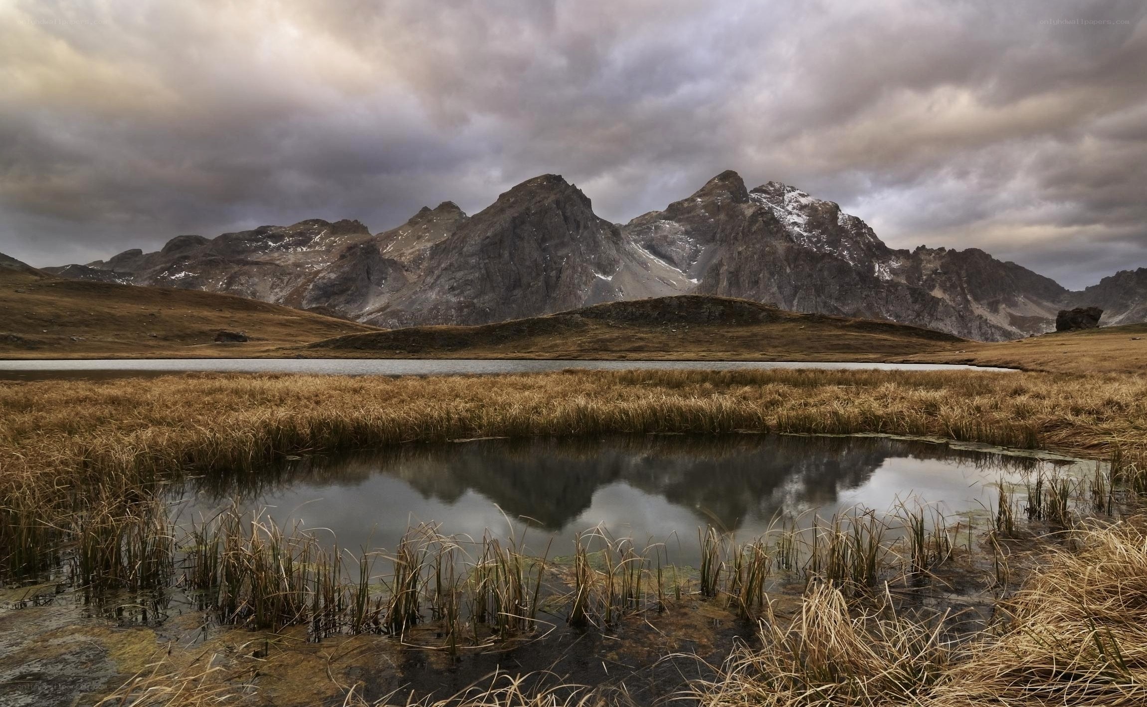 Mountain lake under cloudy sky