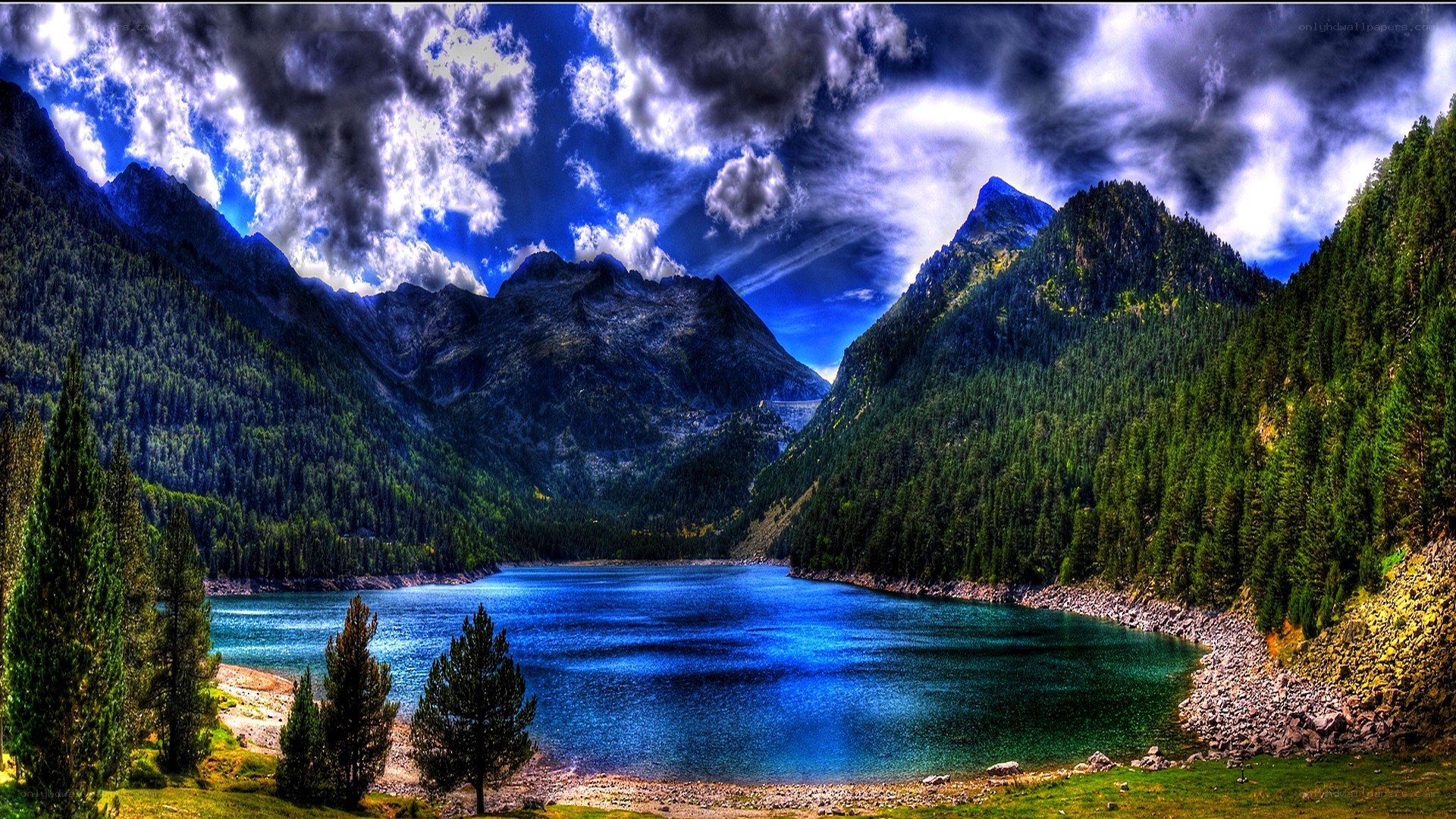 Mountain lake under dramatic sky