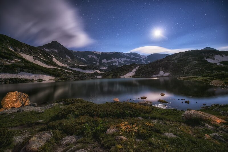 Mountain Lake under Moonlight — Blue, Serene