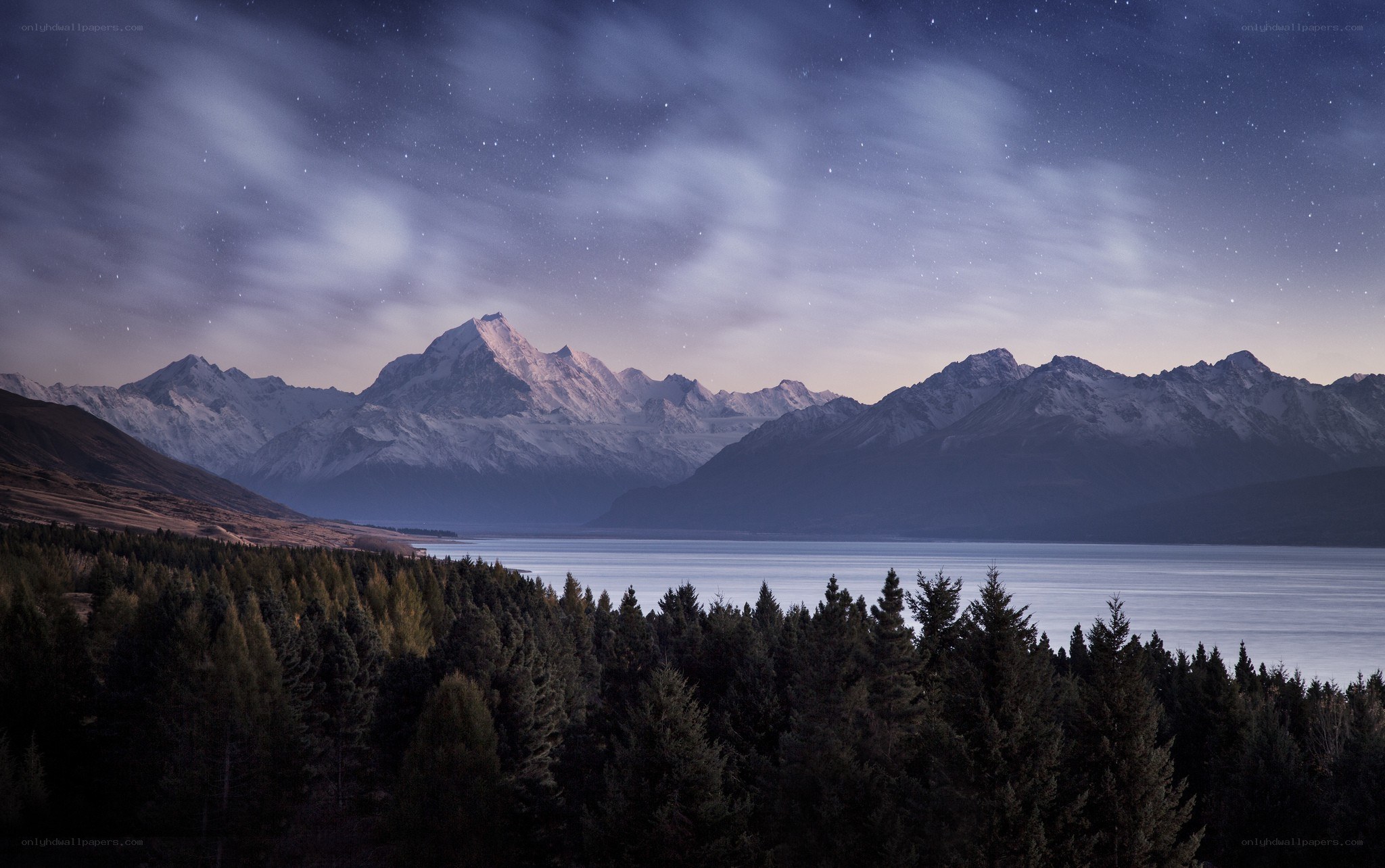 Mountain lake under starry sky