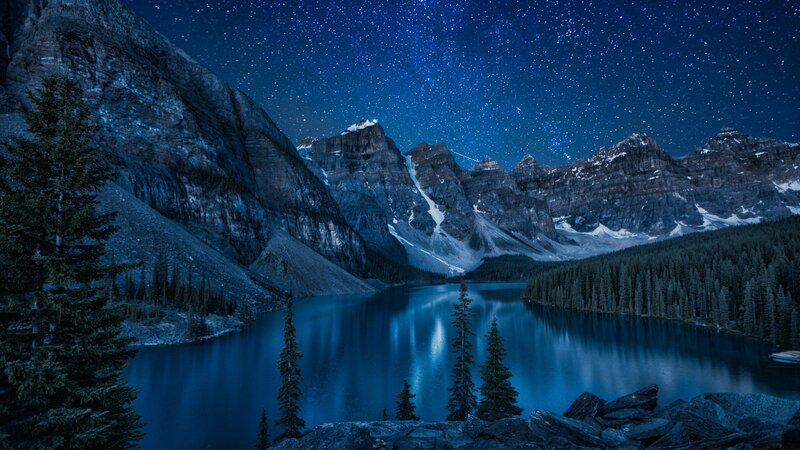 Mountain Lake under Stars — Blue, Serene, Night, Photograph, Mountains