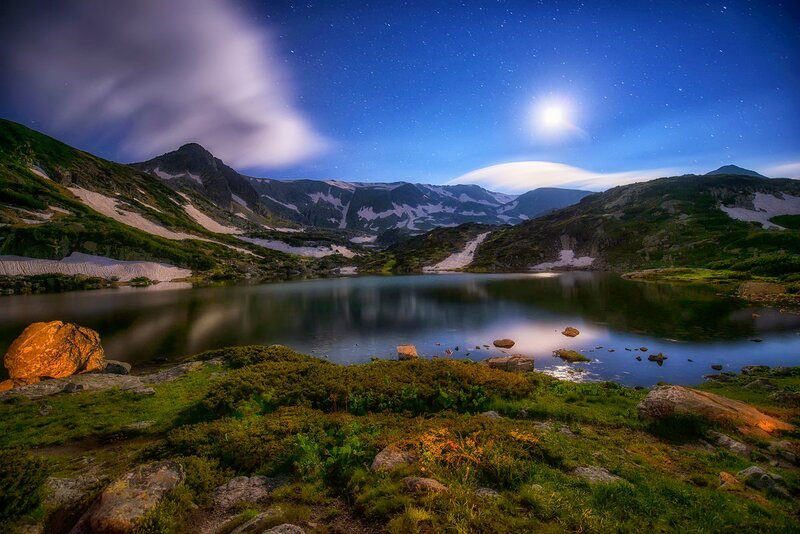 Mountain Lake under Stars — Blue, Serene, Night