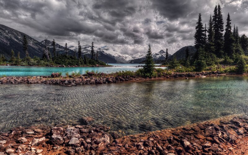 Mountain lake under stormy sky