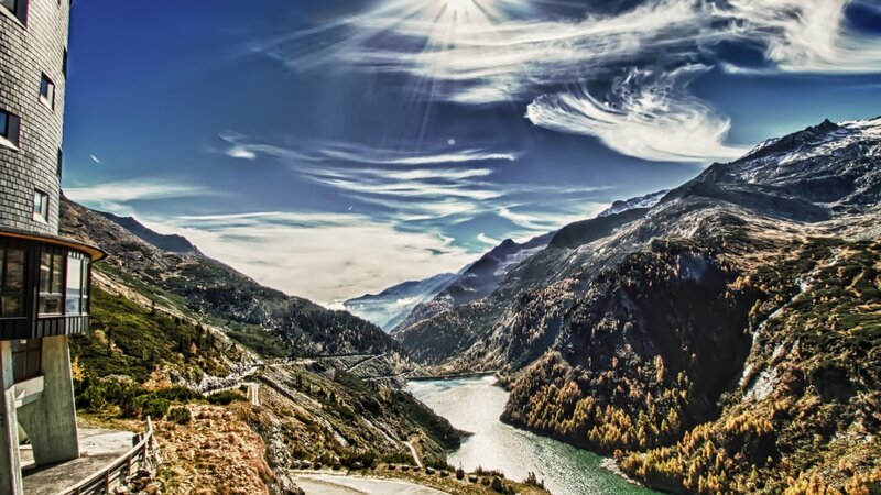 Mountain Lake Valley — Blue, Dramatic, Afternoon, Photograph, Building