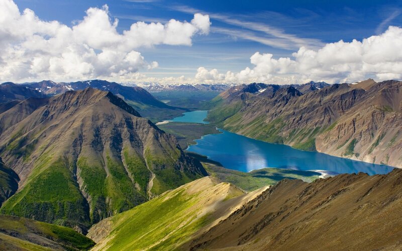 Mountain Lake Valley — Blue, Serene, Afternoon, Photograph, Mountains, Clouds, Green