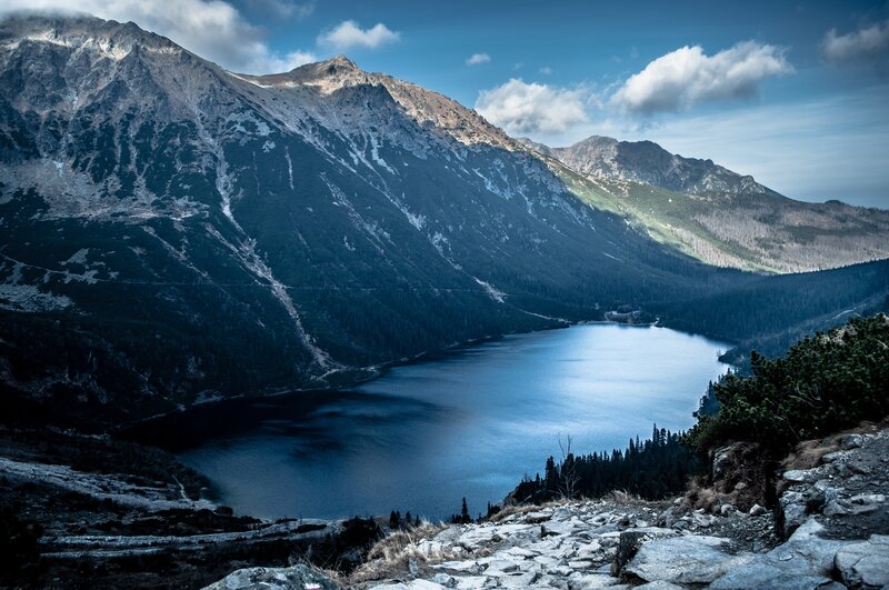 Mountain Lake Valley — Blue, Serene, Afternoon, Photograph, Mountains, Forest