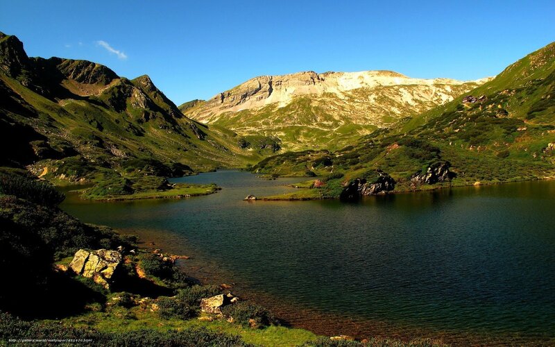 Mountain Lake Valley — Blue, Serene, Afternoon, Photograph, Mountains, Grass