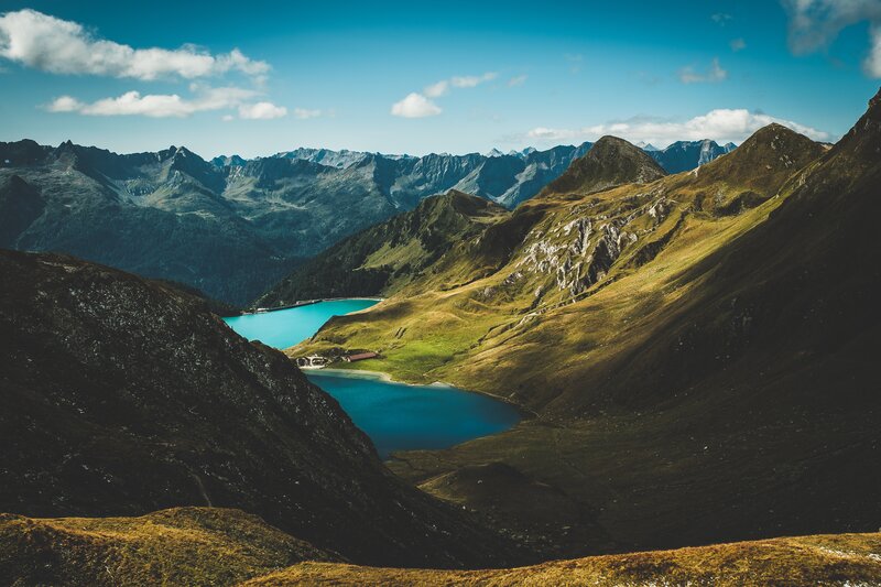 Mountain Lake Valley — Blue, Serene, Afternoon, Photograph, Mountains, Sky