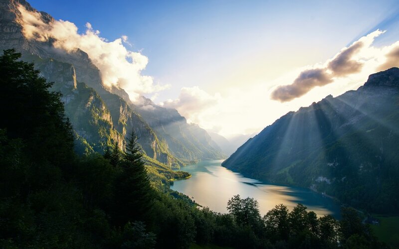Mountain Lake Valley — Blue, Serene, Sunrise