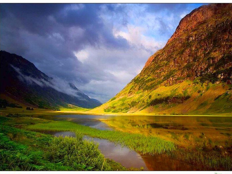 Mountain Lake Valley — Green, Dramatic, Afternoon, Photograph, Mountains, Clouds, Blue