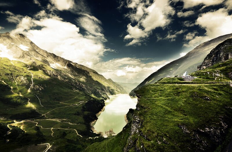 Mountain Lake Valley — Green, Dramatic, Afternoon, Photograph, Mountains, Clouds, Path