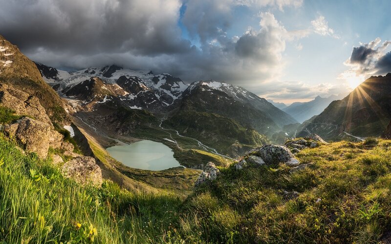Mountain Lake Valley — Green, Dramatic, Sunset