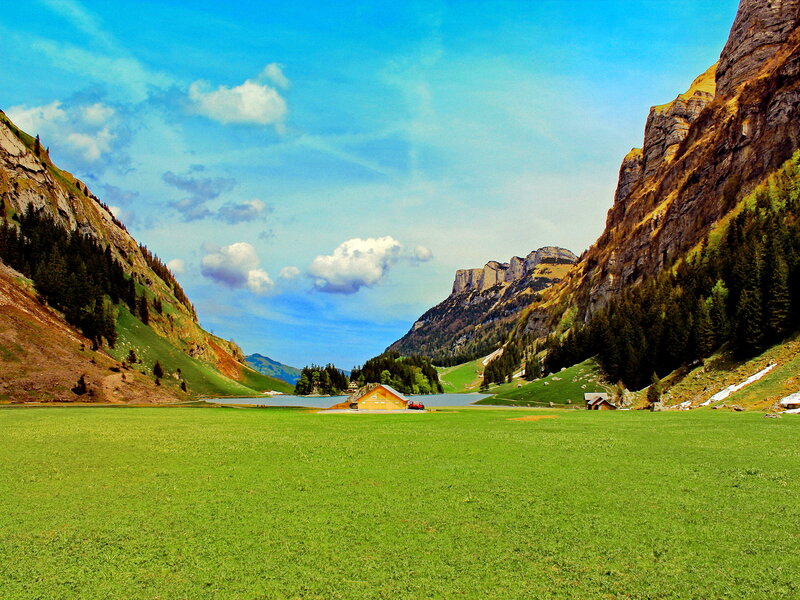 Mountain Lake Valley — Green, Serene, Afternoon, Photograph, Hut
