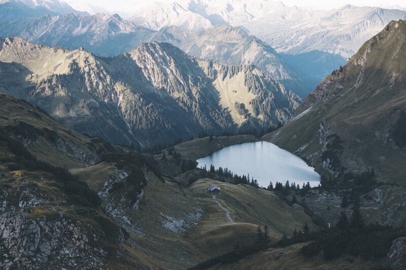 Mountain Lake Valley — Green, Serene, Afternoon, Photograph, Hut, Trees