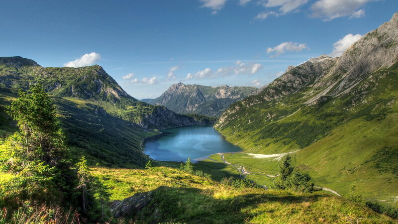 Mountain Lake Valley — Green, Serene, Afternoon, Photograph, Mountains, Trees