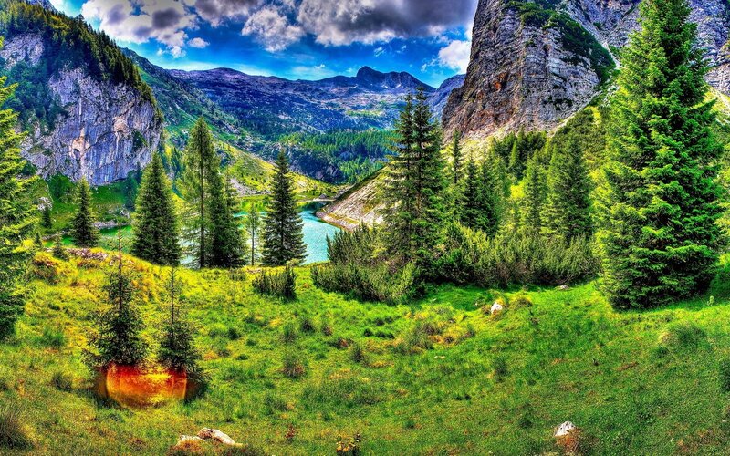 Mountain Lake Valley — Green, Serene, Afternoon, Photograph, Trees, Mountains, Grass