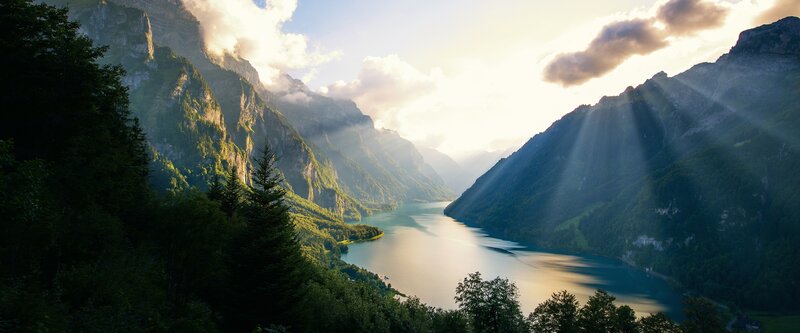 Mountain Lake Valley — Green, Serene, Morning, Photograph