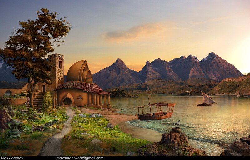 Mountain lake village at sunset