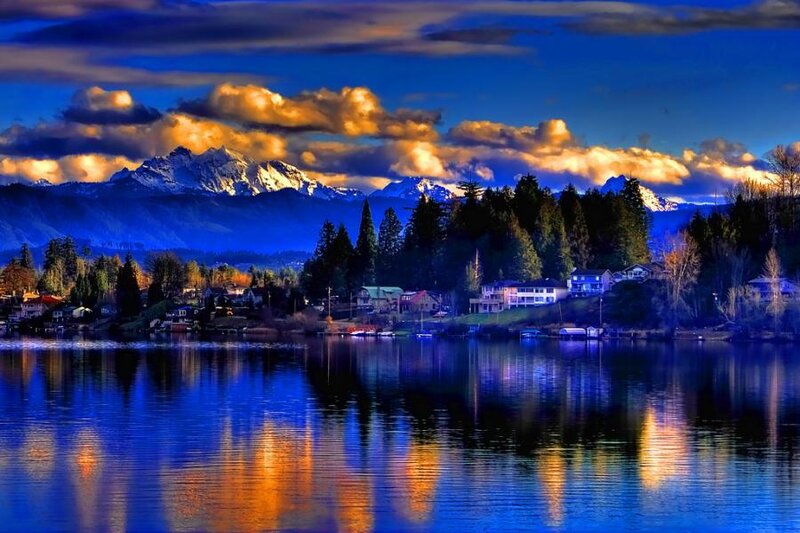 Mountain Lake Village — Blue, Dramatic, Sunset
