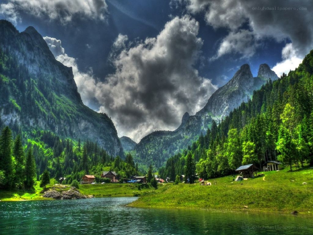 Mountain lake village landscape