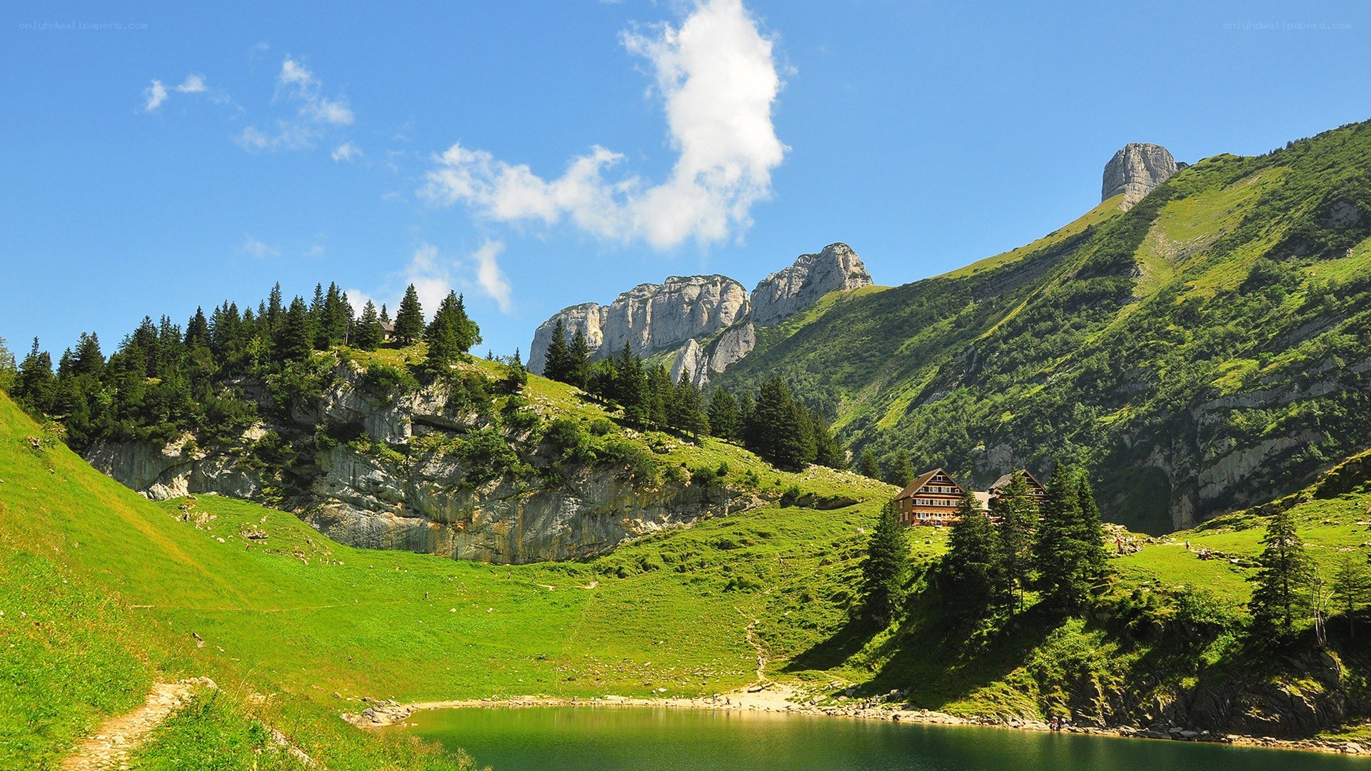 Mountain lake with alpine hut