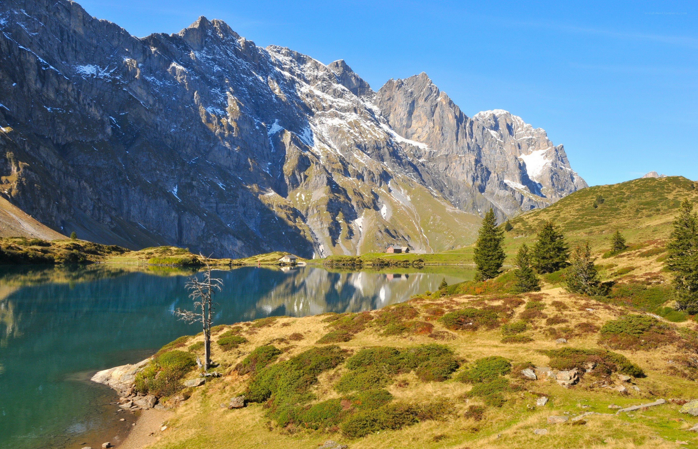 mountain lake with alpine peaks