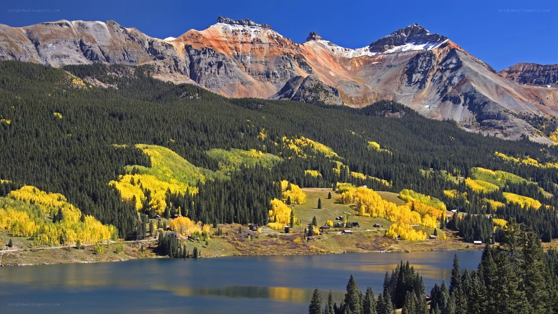 mountain lake with autumn trees