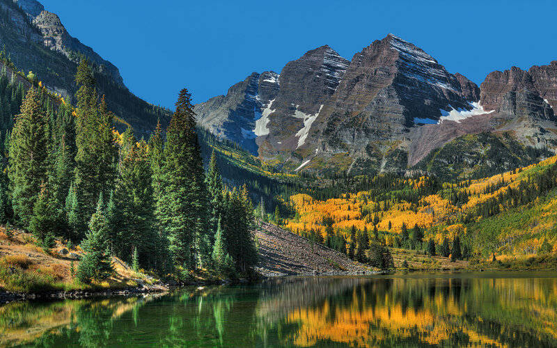 Mountain Lake with Autumn Trees — Blue, Serene, Photograph, Mountains, Green