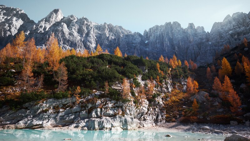 Mountain Lake with Autumn Trees — Blue, Serene, Photograph, Mountains