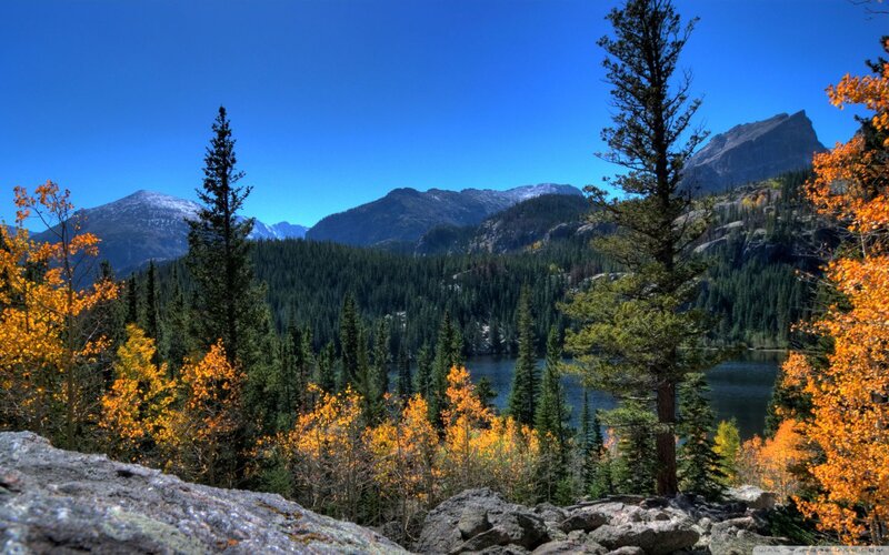 Mountain Lake with Autumn Trees — Blue, Serene