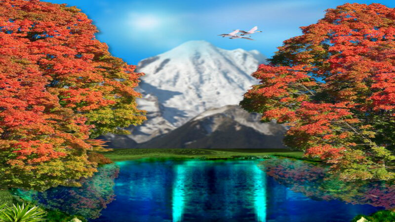 Mountain Lake with Autumn Trees — Red