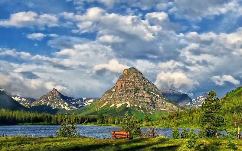 Mountain lake with bench