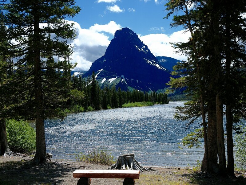 Mountain lake with bench